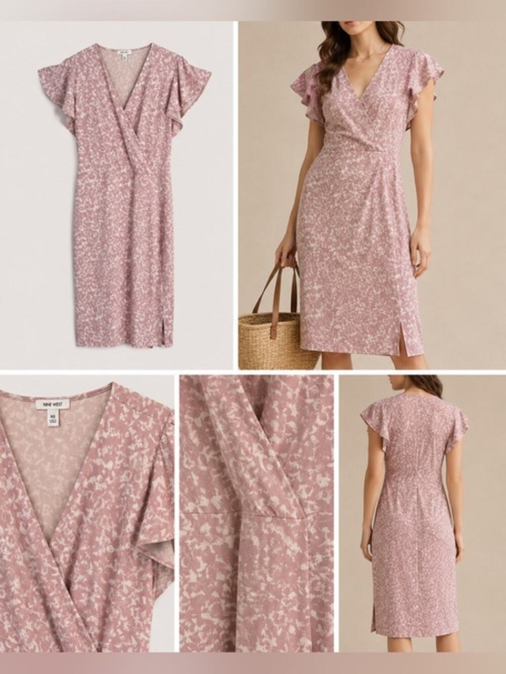 Nine West Dress Size XXL Pink Floral Belted Faux Wrap Dress V-Neck Spring EUC